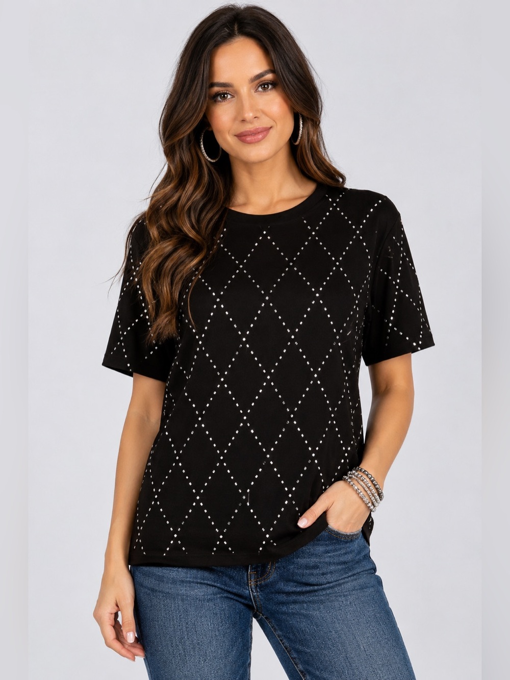 Black Rhinestone Diamond-Pattern Tee - Picture 4 of 5